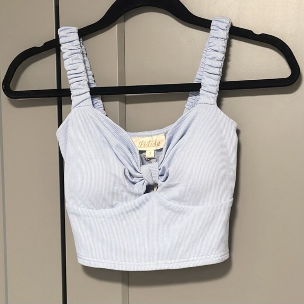 Listicle Cropped Ribbed Tank Powder Blue Stretch Sz Small Knotted Front Y2K NWT